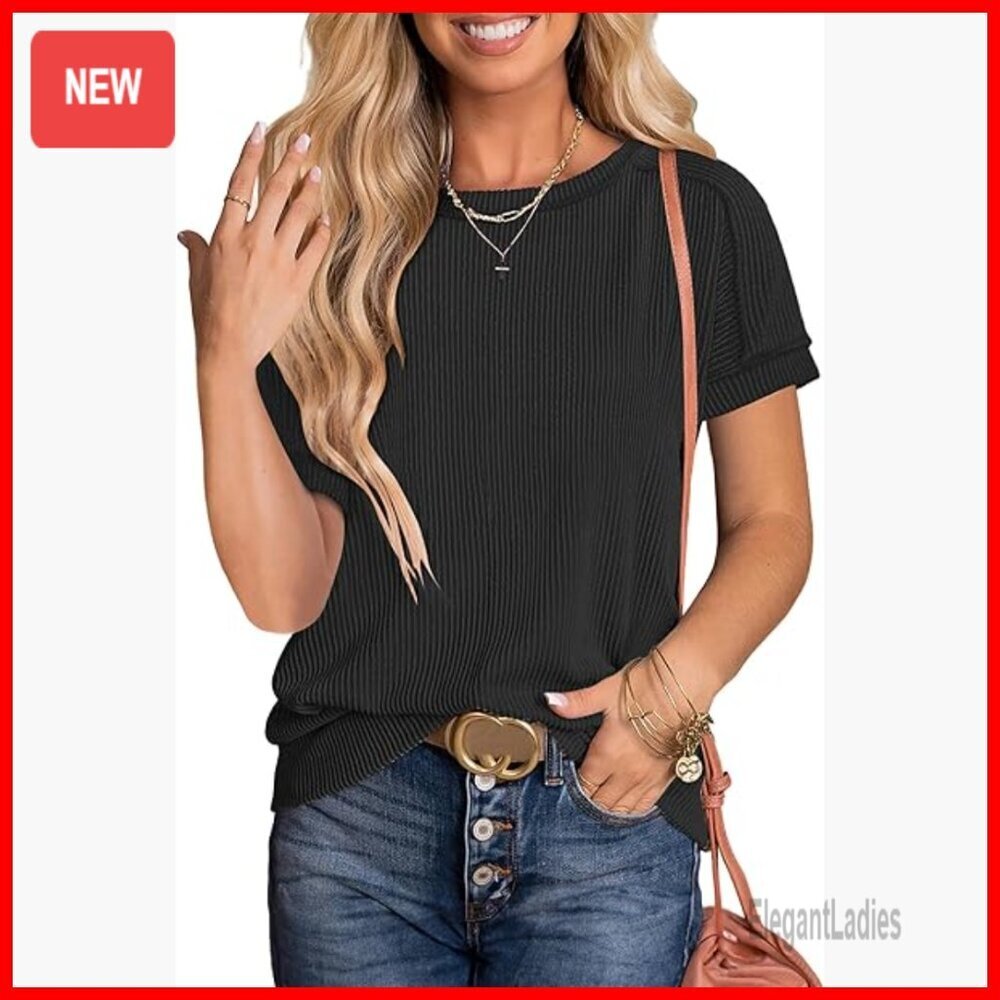 Ribbed Knit High Low Hem T-Shirt Loose Fit Short Sleeve Casual Top